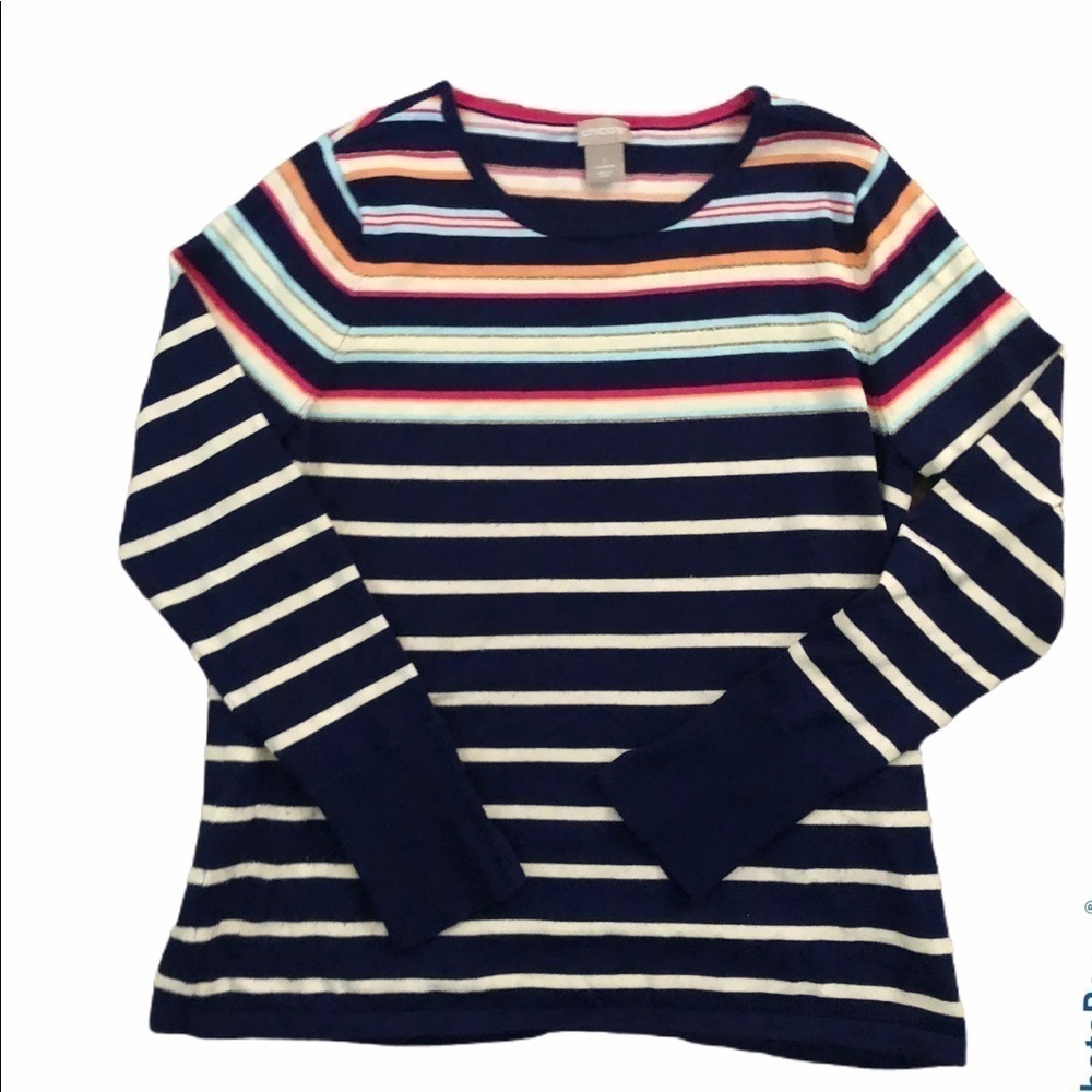 Chico’s Colorful Striped Crewneck Sweater Sz. 1/M Casual Lightweight Office Wear